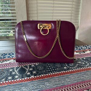 Salvatore Ferragamo Purple Maroon Leather Gold Chain Crossbody Clutch, preowned
